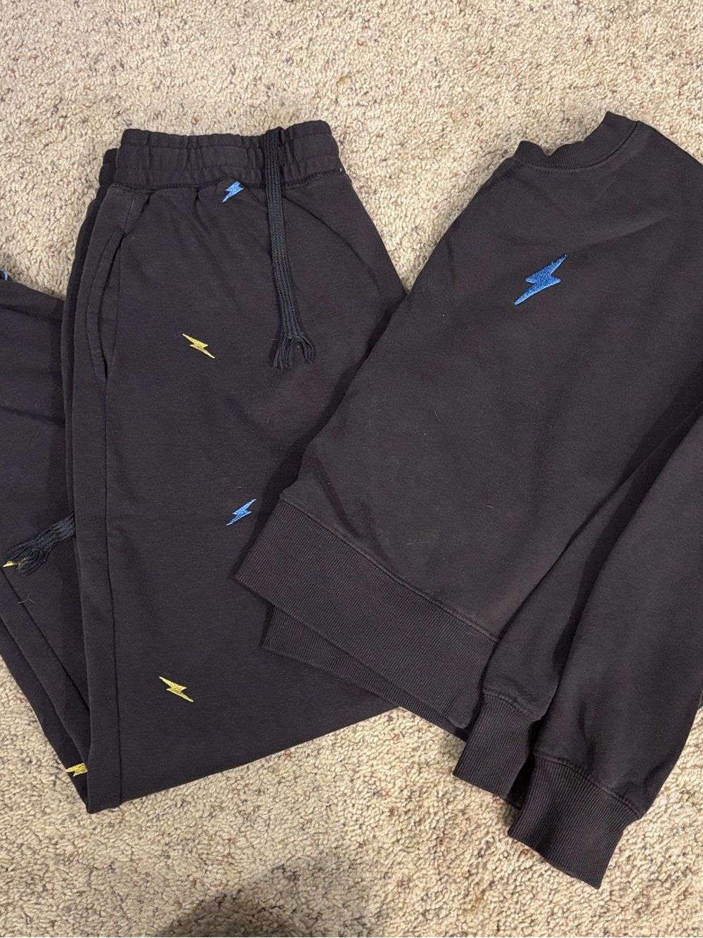 Pink Rose Black Sweatshirt & Joggers Set with Blue and Yellow Lightning